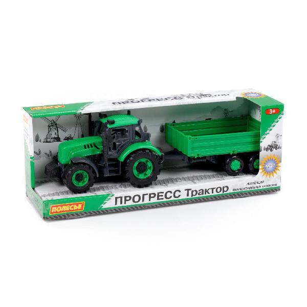 Трактор "Прогресс" с бортовым прицепом инерционный (зелёный) (в коробке)