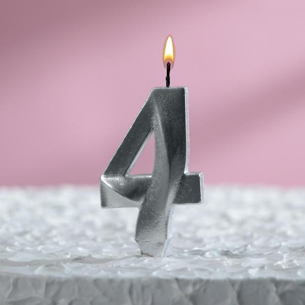 Свеча в торт "Грань", цифра "4", серебряный металлик 5928498