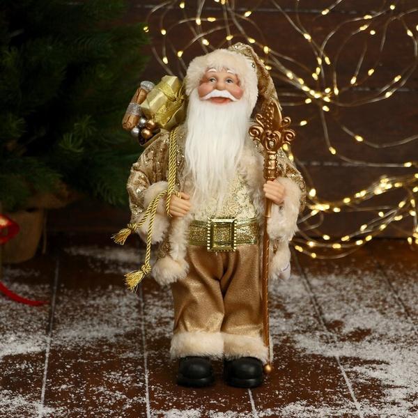 Дед Мороз "В золотой шубе, с ремешком, с посохом и подарками" 16х30 см   6949611