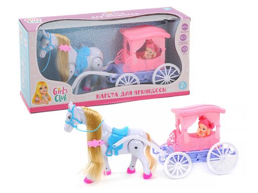 Карета функц. с ходячей лошадкой. В комплекте :кукла и батарейки.Два цвета: фио. карета+роз. лошадка