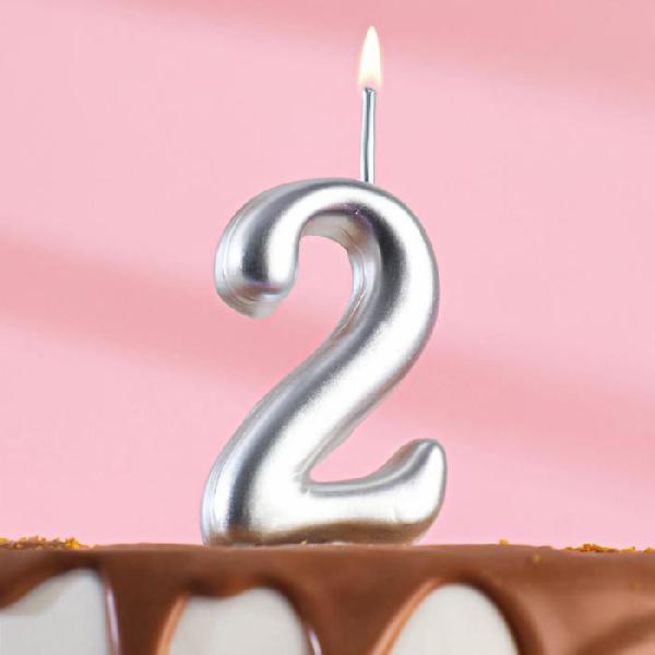 Свеча для торта цифра "Серебряная", 7.8 см, цифра "2" 3938138