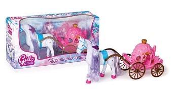 Карета функц. с ходячей лошадкой. В комплекте :кукла и батарейки.Два цвета: роз. карета+бел. лошадка