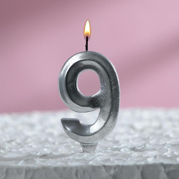 Свеча в торт "Грань", цифра "9", серебряный металлик 5928503