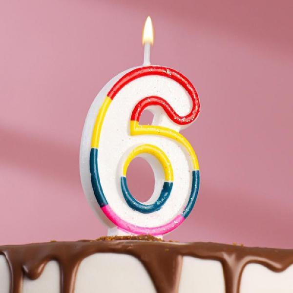 Свеча для торта цифра "6" ободок радуга блестка 403536