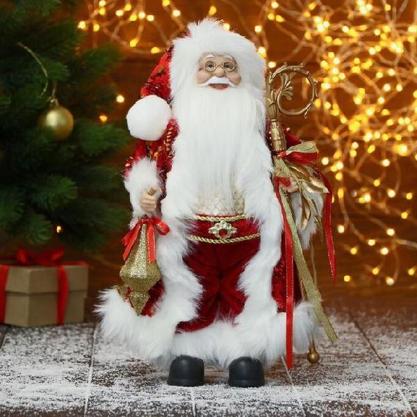 Дед Мороз "В красном костюме, с узорным посохом и фонариком" 17х30 см 6939425