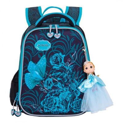 Рюкзак школьный ортопедический для девочки Across голубой с брелком-куклой (с 1 по 5 класс) - фото