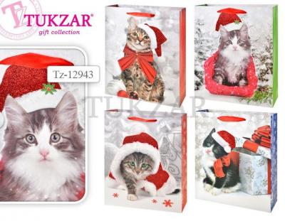 Пакет подарочный новогодний бумажный "Кошки" с блестками,4 вида,32*26*10 TZ-12943