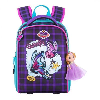 Рюкзак школьный ортопедический для девочки Across ACR21 фиолетовый с брелком-куклой (с 1 по 5 класс) - фото