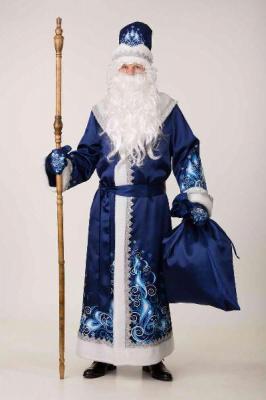 Карнавальный костюм «Дед Мороз» сатин аппликация синий" (шуба, шапка, варежки, пояс), размер 54-56