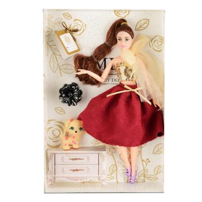 Кукла"Бордо:Девушка с золотым бантом"(28 см.,собачка,заколка)