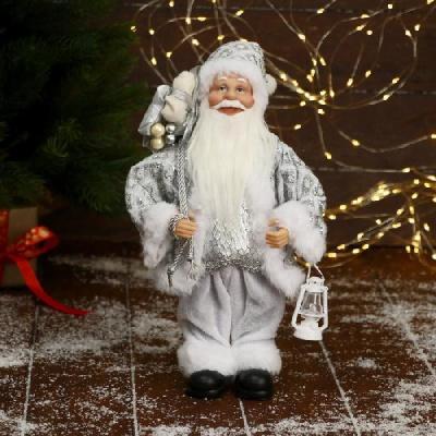 Дед Мороз "В белой шубе ромбик блеск, с фонариком и подарками" 16х30 см   6949609