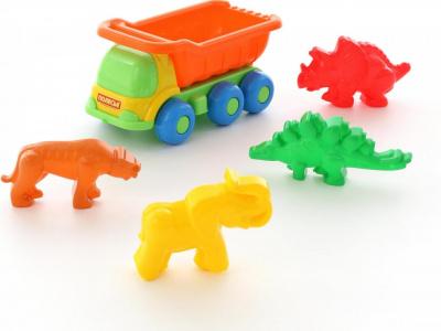 Набор №572:"Кеша" автомобиль-самосвал+формочки(тигр+мамонт+динозавр №1+динозавр №2)