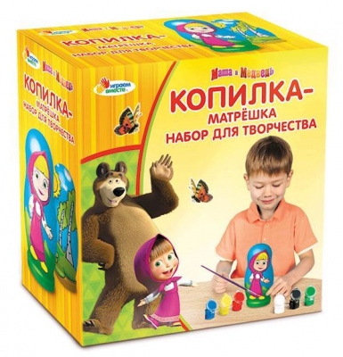 Набор д/творчества Копилка-матрешка MULTIART Маша и Медведь (краски/кисточка в компл.)